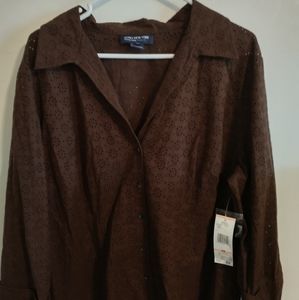 Jones New York, Signature Women, Plus Size 2x, Brown Eyelet Button Shirt, NWT